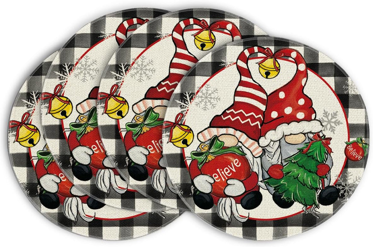 Buffalo Plaid Gnome Believe Xmas Balls Merry Christmas round Placemats Set of 4, 14 Inch Winter round Table Mats for Dining Decoration