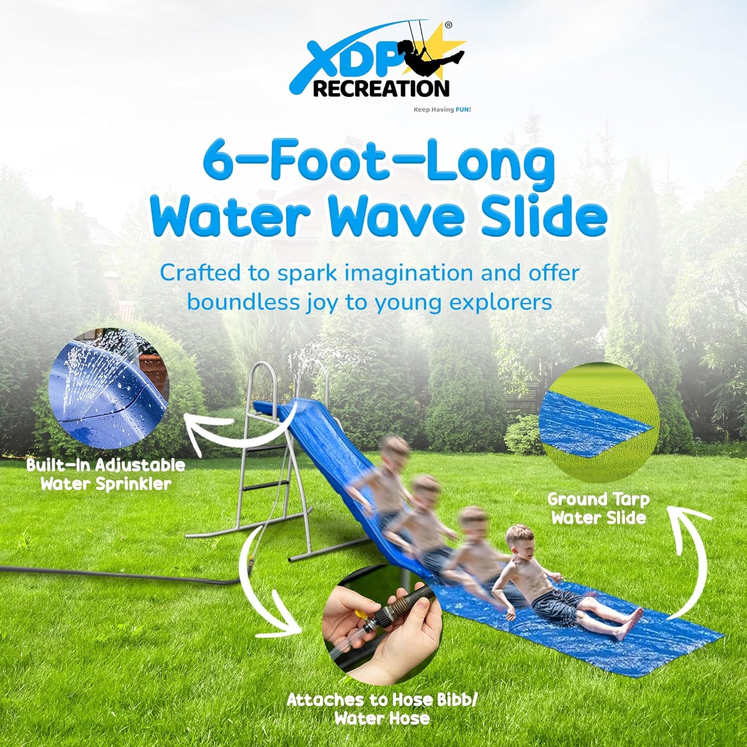 6' Water Wave Slide, Free Standing with Built in Adjustable Water Sprinkler and Bonus Ground Water Slide Tarp by