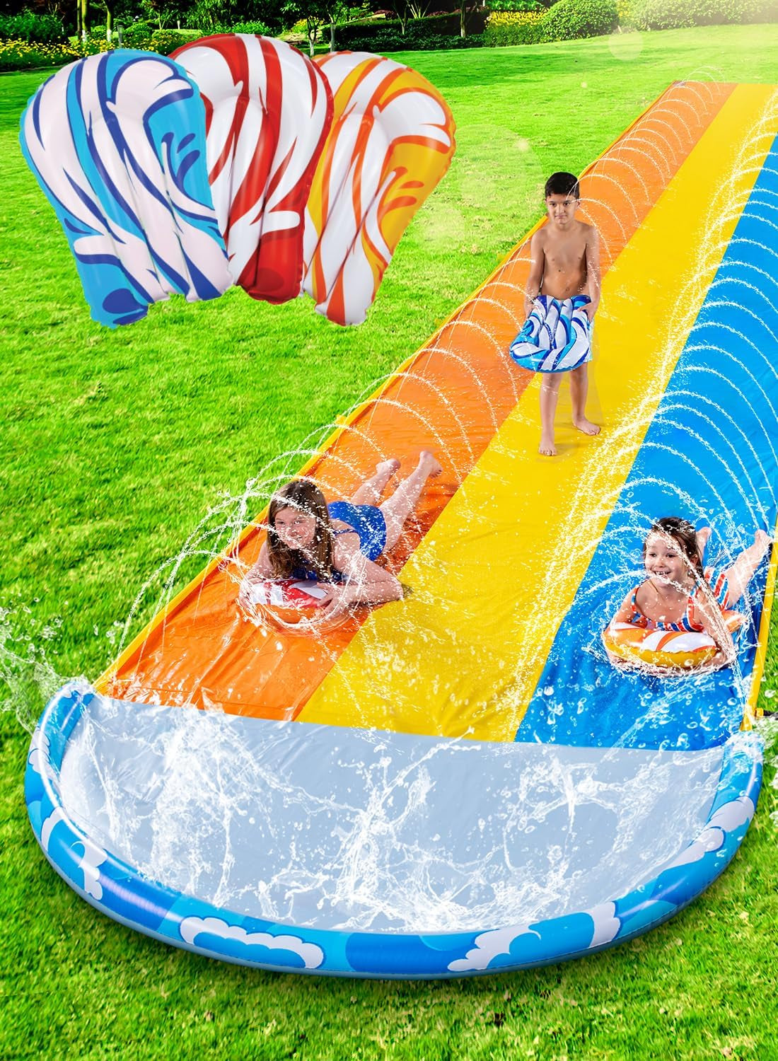 22.5Ft Water Slides and 2 Bodyboards, Lawn Water Slide Summer Slip Waterslides Water Toy with Build in Sprinkler for Backyard Outdoor Water Fun for Kids