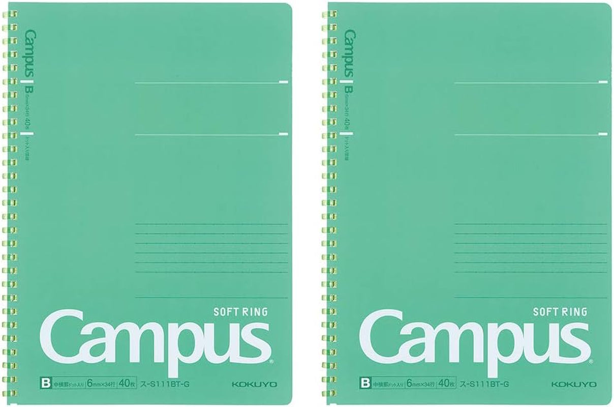 Campus Soft Ring Notebook, Semi-B5, B 6Mm Dot Ruled, 34 Lines, 40 Sheets, Green, Set of 2, Japan Import (SU-S111BT-G)