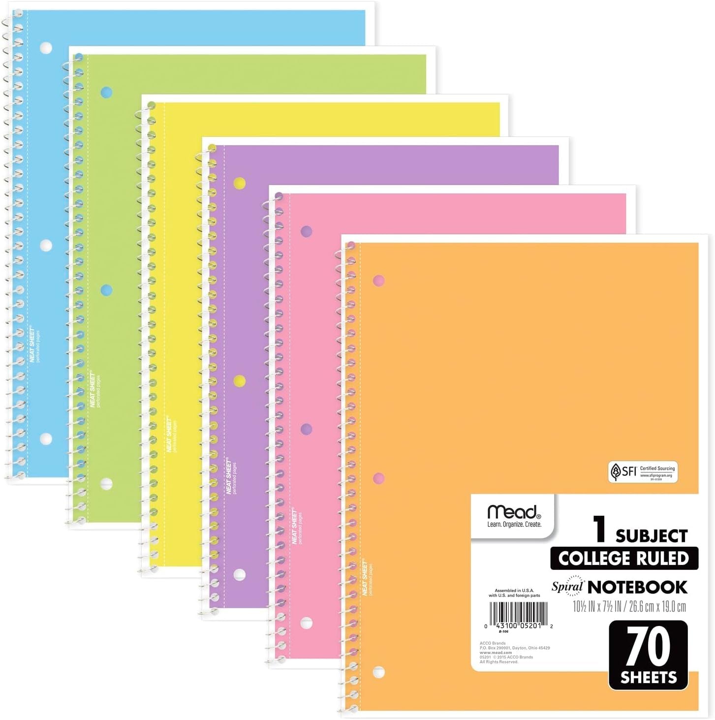 Spiral Notebooks, 6 Pack, 1-Subject, College Ruled Paper, 8" X 10-1/2", 70 Sheets, Assorted Pastel Colors (830049)