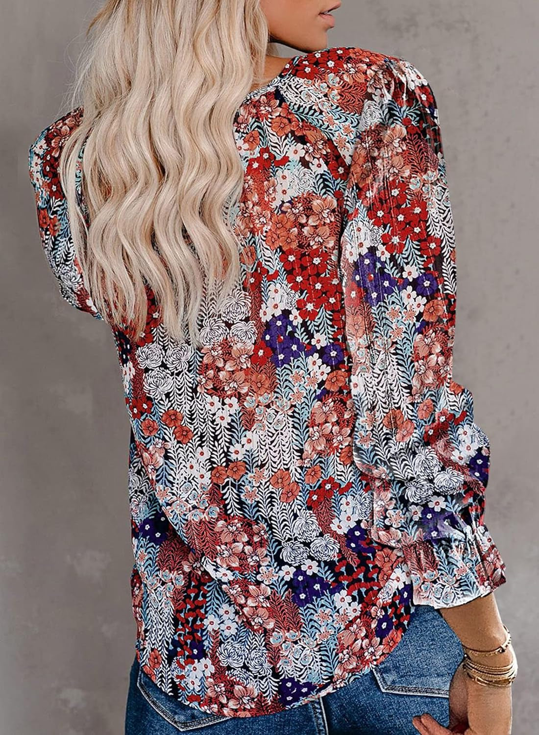 Women'S Casual Boho Floral Printed V Neck Tops Drawstring Short Long Sleeve T Shirt Blouses