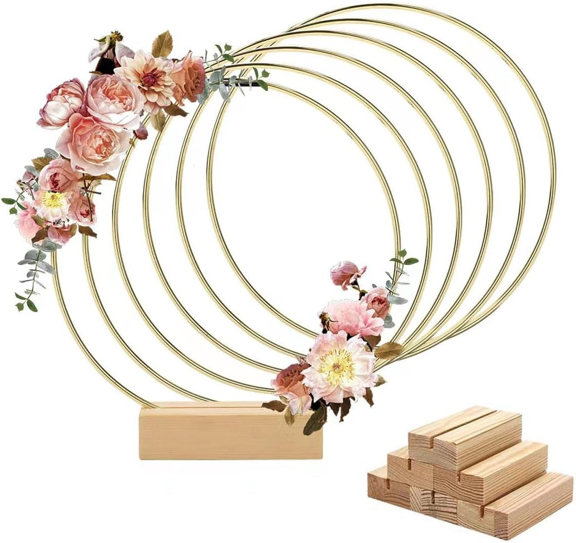 6 Pack 8 Inch Metal Floral Hoop Centerpiece with 6 Pack Wooden Stand for Table, Gold Metal Rings for Making Wedding Table Wreath Decor, Wall Hanging Wreaths and Dream Catcher Crafts