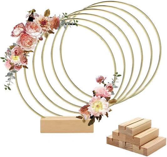 6 Pack 8 Inch Metal Floral Hoop Centerpiece with 6 Pack Wooden Stand for Table, Gold Metal Rings for Making Wedding Table Wreath Decor, Wall Hanging Wreaths and Dream Catcher Crafts