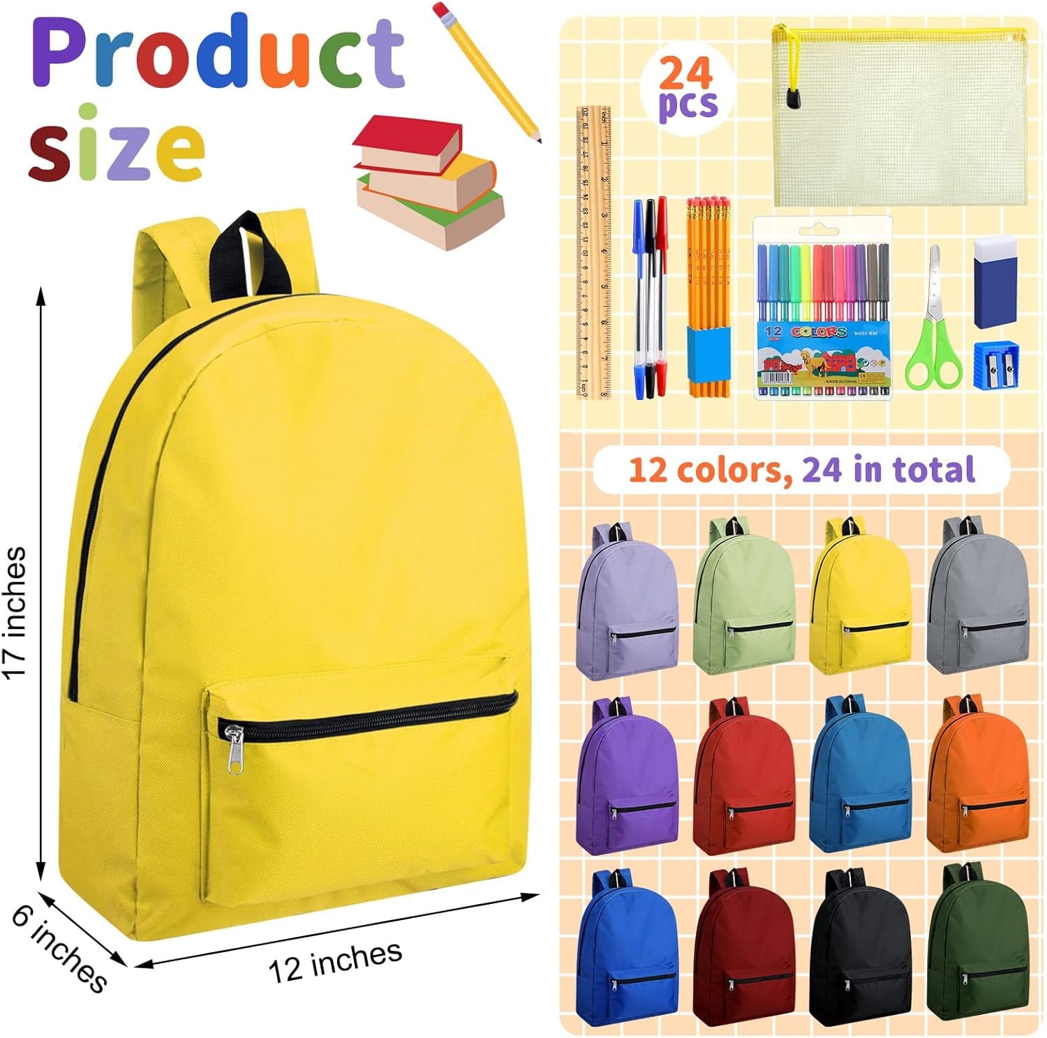 24 Pcs Backpack Bulk 17'' Book Bags and 24 Sets School Supplies Stationery Kit Back to School Stuff for Kids (Multicolor)