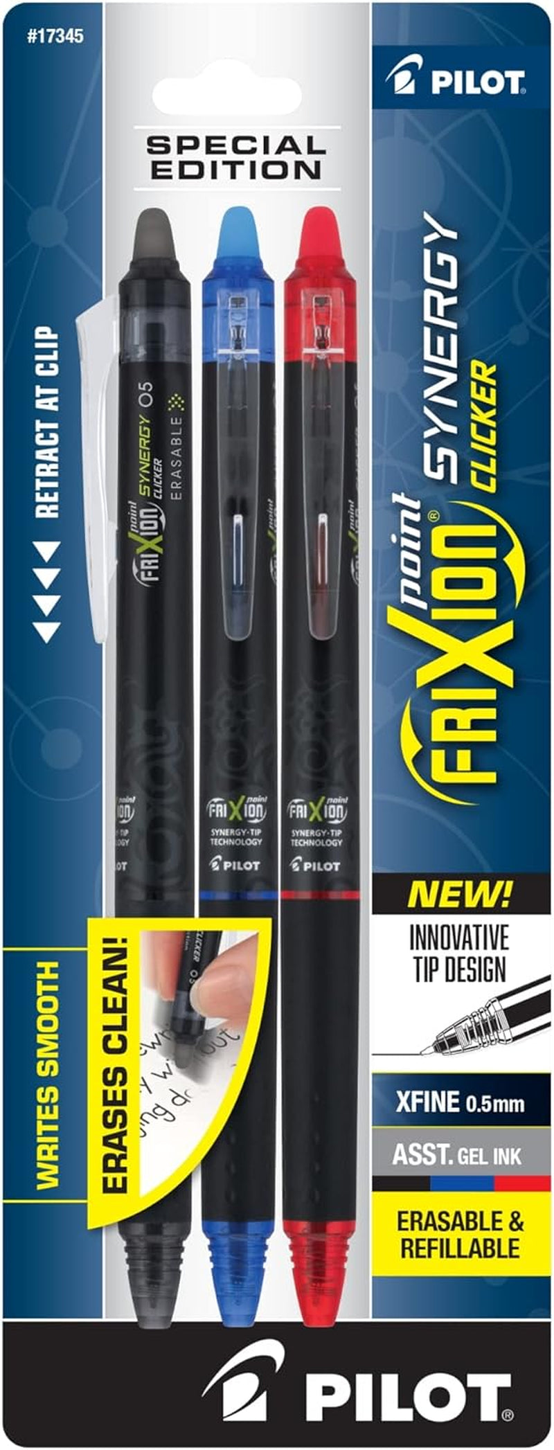 , Frixion Synergy Clicker Erasable, Refillable, Retractable Gel Ink Pens, Extra Fine Point 0.5 Mm, Pack of 3, Black, Blue & Red