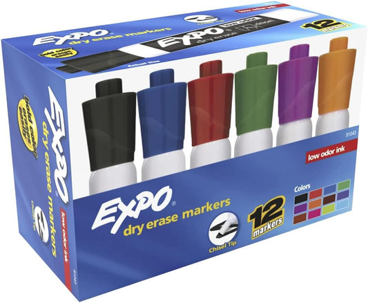 Low Odor Dry Erase Markers, Chisel Tip, Assorted Colors, 12 Count