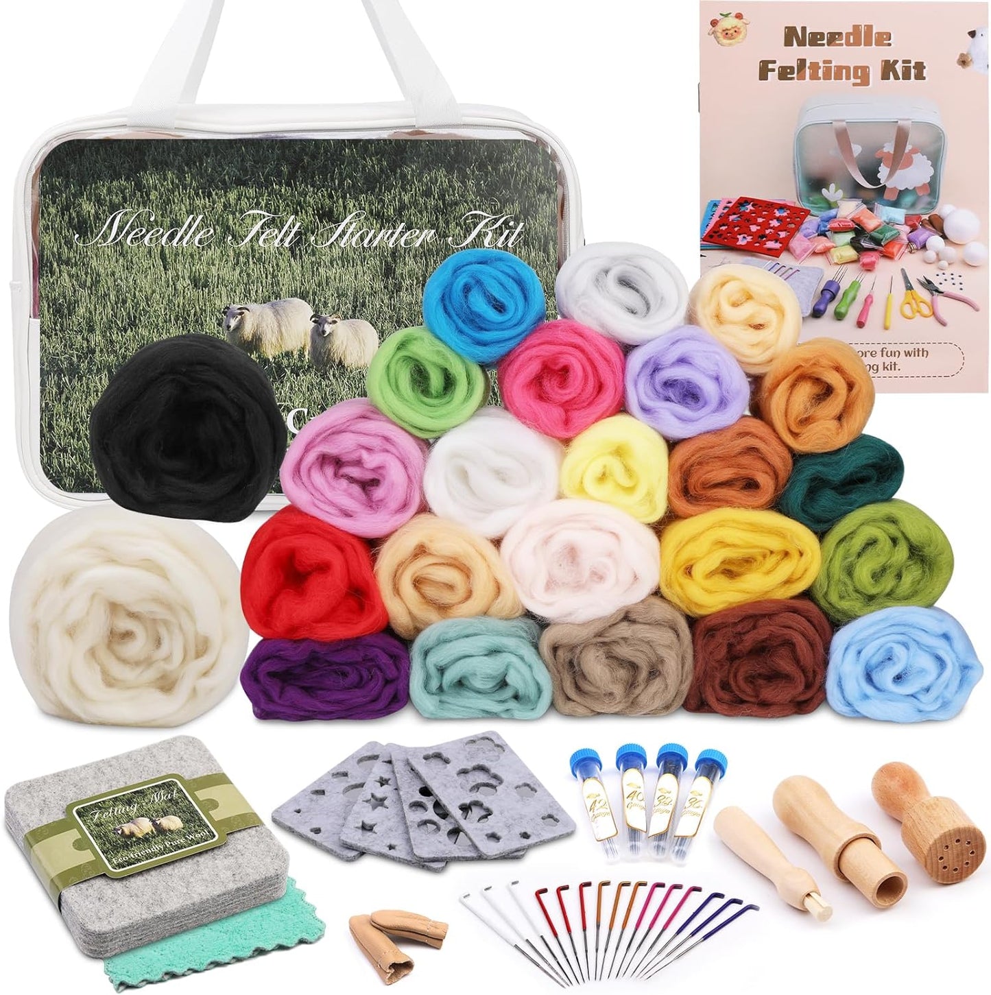 Needle Felting Kit,12 Pieces Doll Making Wool Needle Felting Starter Kit with Instruction,Felting Foam Mat and DIY Needle Felting Supply for DIY Craft Animal Home Decoration Birthday Gift