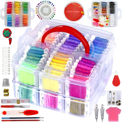 188 Embroidery Floss Set Including Cross Stitch Threads Friendship Bracelet String with 2-Tier Transparent Box, Floss Bobbins and Cross Stitch Kits