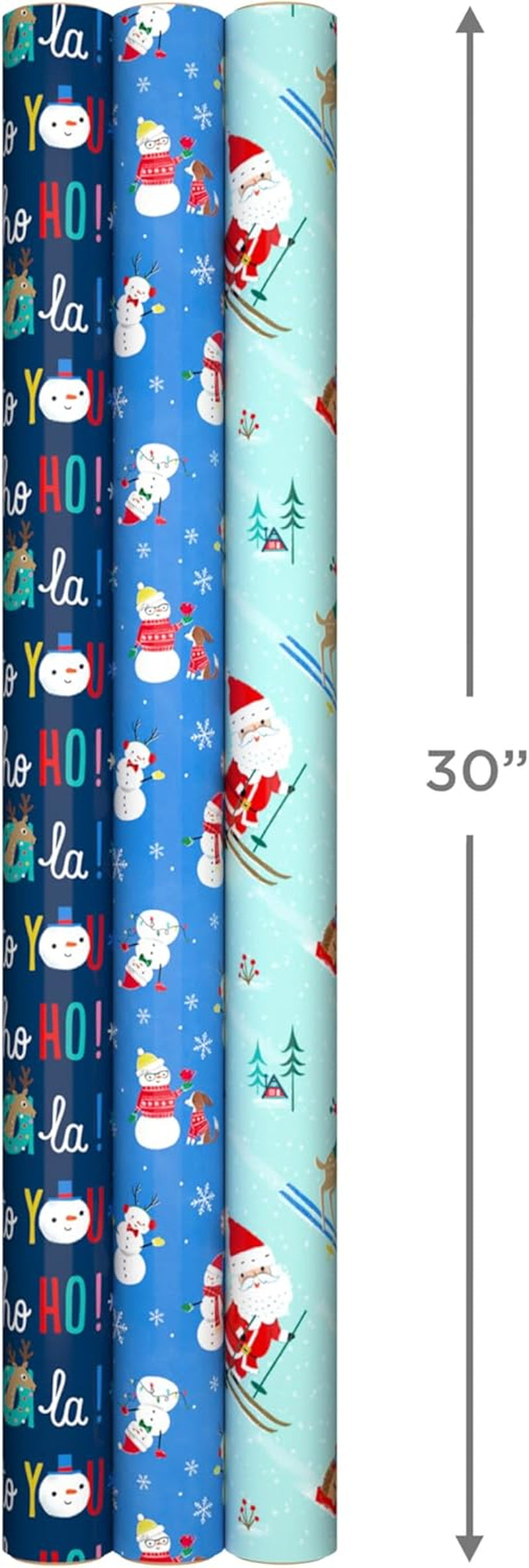 Reversible Christmas Wrapping Paper for Kids (3 Rolls: 120 Sq. Ft. Total) Snowmen, Stripes, Trees, Skiing Santa, Zebras, Hedgehogs, Penguins