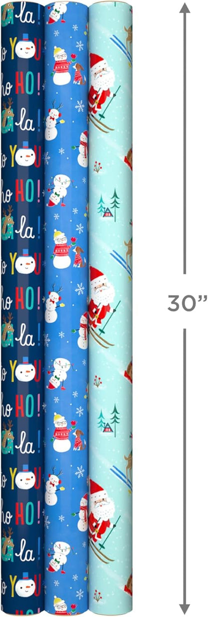 Reversible Christmas Wrapping Paper for Kids (3 Rolls: 120 Sq. Ft. Total) Snowmen, Stripes, Trees, Skiing Santa, Zebras, Hedgehogs, Penguins