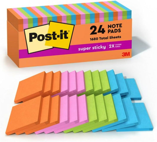 Super Sticky Notes, 3X3 In, 24 Pads, 2X the Sticking Power,Energy Boost Collection, Bright Colors (Orange, Pink, Blue, Green), Recyclable