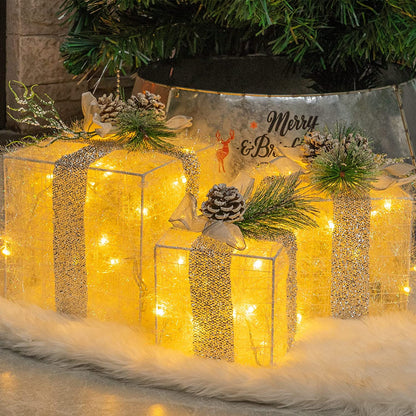 Set of 3 Christmas Lighted Gift Boxes, Pre-Lit 60 LED Light up Present Boxes Ornament Outdoor Warm White Tinsel Boxes Decoration for Indoor Christmas Home Yard Lawn Decor