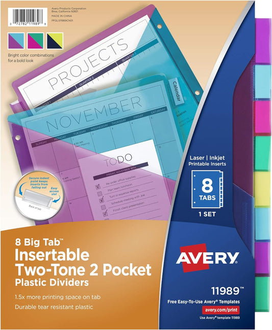 Big Tab Insertable Plastic 2 Pocket Dividers for 3 Ring Binders, 8 Tab Set, Bright Two-Tone Multicolor, Works with Sheet Protectors, 1 Set (11989)