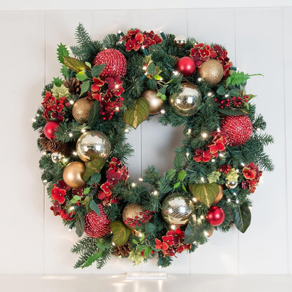 [30 Inch Artificial Christmas Wreath] - Scarlet Hydrangea Collection - Red and Gold Decoration - Pre Lit with 50 Warm Clear Colored LED Mini Lights - Includes Remote Controlled Battery Powered Timer