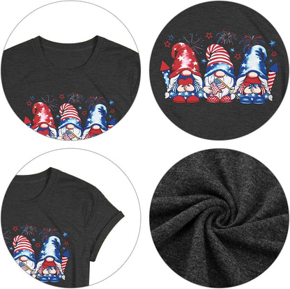 4Th of July Gnomes Shirt for Womens Funny Patriotic Graphic Tee Shirt USA Flag Stars Stripes Tee Tops