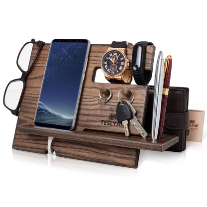 Wood Phone Docking Station Ash Key Hooks Holder Wallet Stand Watch Organizer