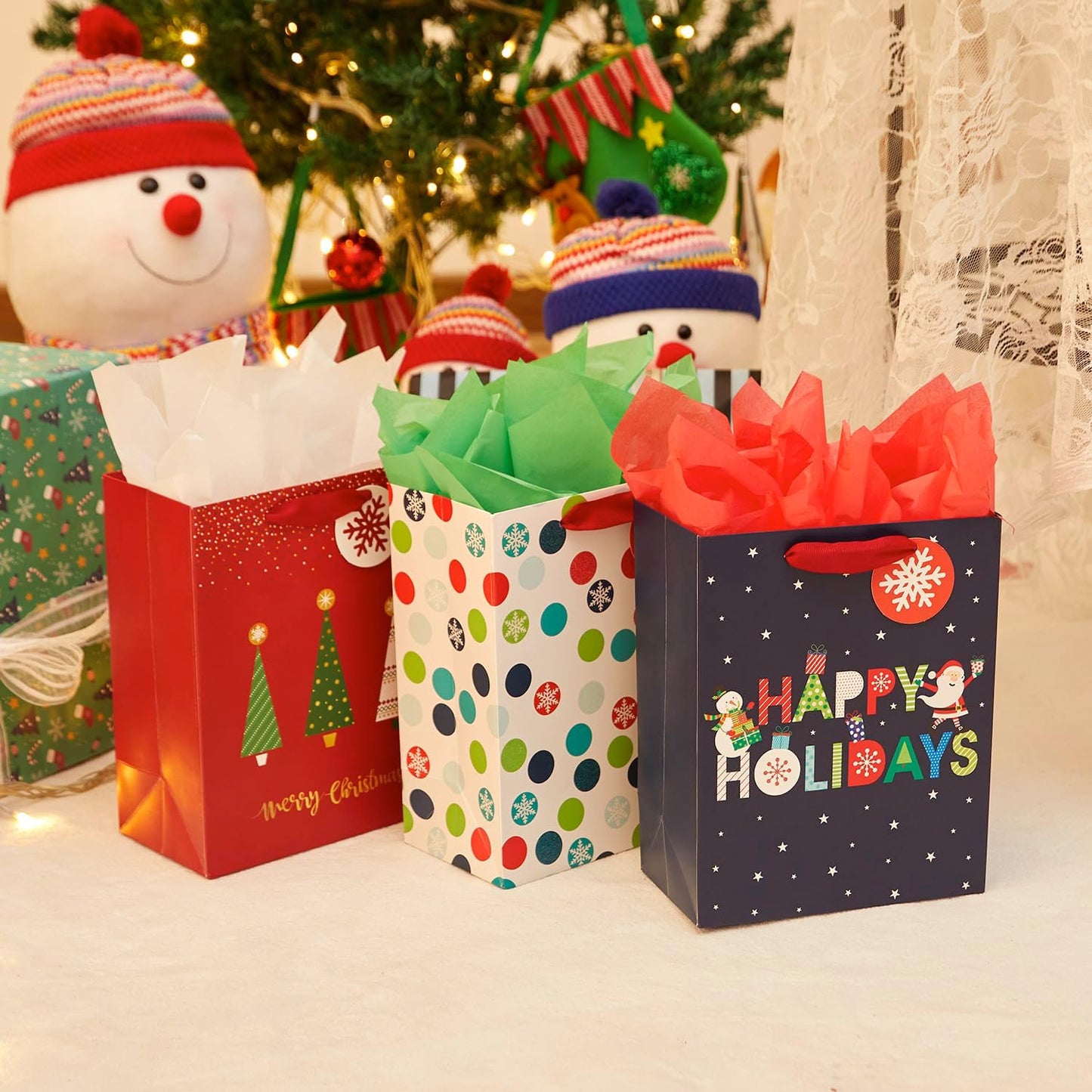 6 Pack 9" Small Christmas Gift Bags with Tissue Paper