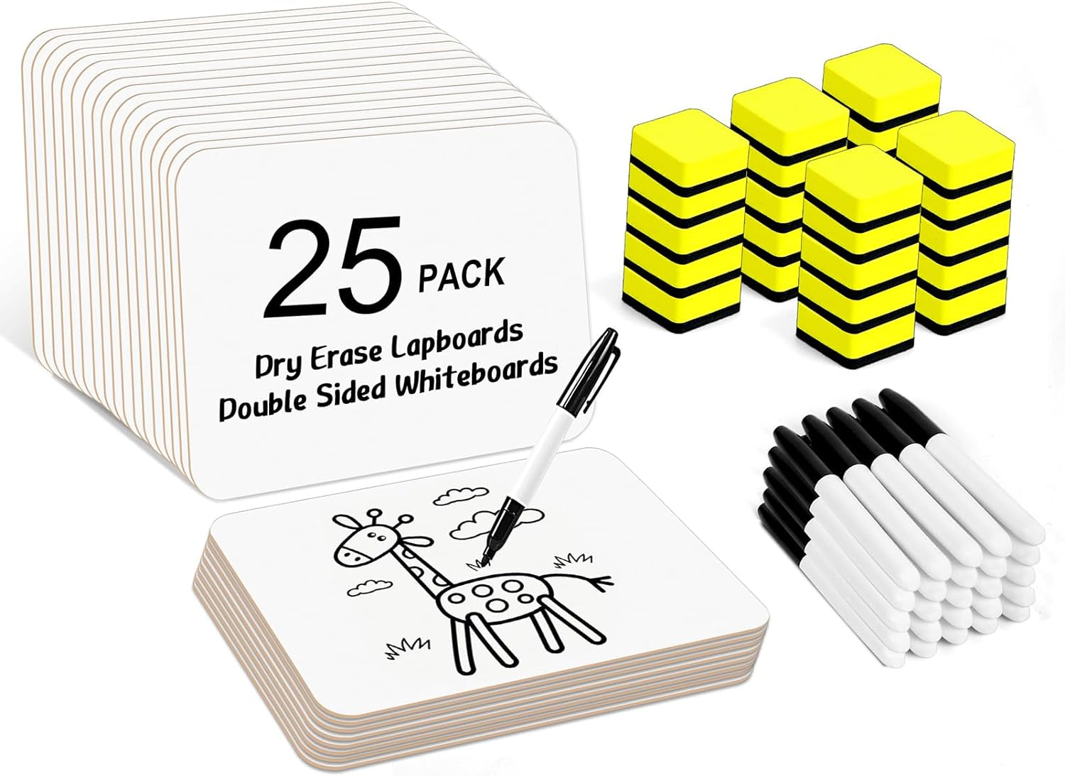 Dry Erase Lapboards,  25 Pack Double Sided Dry Erase Lap Boards 9 X 12.5 Inch, 25 Markers, 25 Erasers, Small Dry Erase Boards for Students Classroom Teacher Supplies