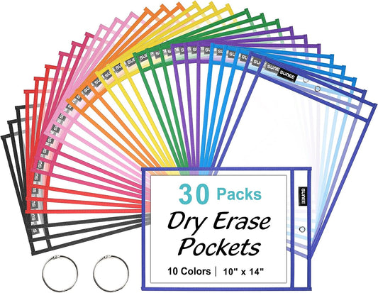 30 Packs Oversized Reusable Dry Erase Pocket Sleeves with 2 Rings, 10 Assorted Colors 10X14 Ticket Holders, Clear Plastic Sheet Protectors, Teacher School Classroom Supplies