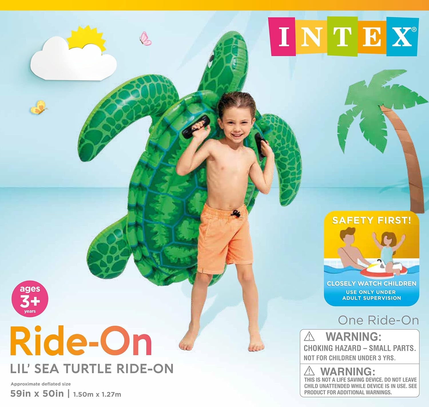 Lil' Sea Turtle Inflatable Pool Float: Animal Pool Toy for Kids – 2 Heavy-Duty Handles – 88Lb Weight Capacity – 59" X 50" – for Ages 3+