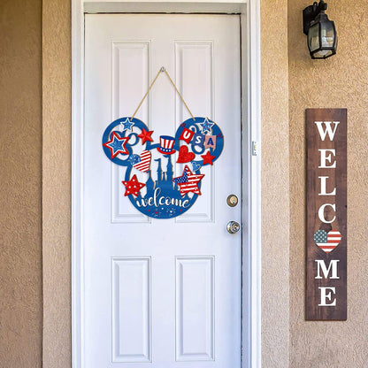 4Th of July Door Sign Mouse Shaped Decorations, Patriotic Stars USA Wooden Signs, American Flag Welcome Hollow Out Wood Hanging Sign for Front Door Decor, Independence Day Party Home Wall Decor