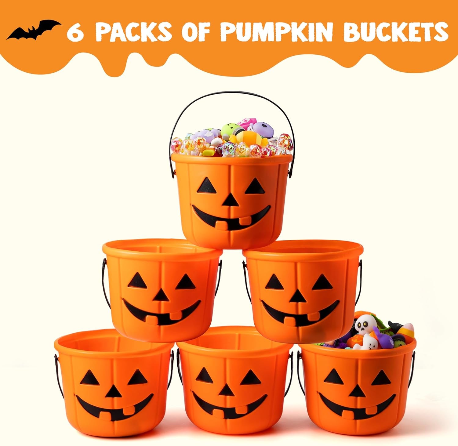 6PCS Halloween Trick or Treat Pumpkin Bucket, Orange Plastic Candy Bucket for Trick or Treating, Black Purple Jack O Lantern Basket and Pails with Handle for Kids Halloween Party Favor Supplies