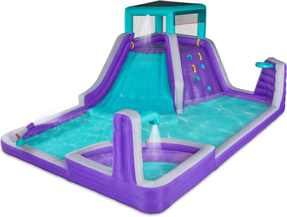 Four Corner Inflatable Water Slide Park – Heavy-Duty for Outdoor Fun - Climbing Wall, Slide & Deep Pool – Easy to Set up & Inflate with Included Air Pump & Carrying Case