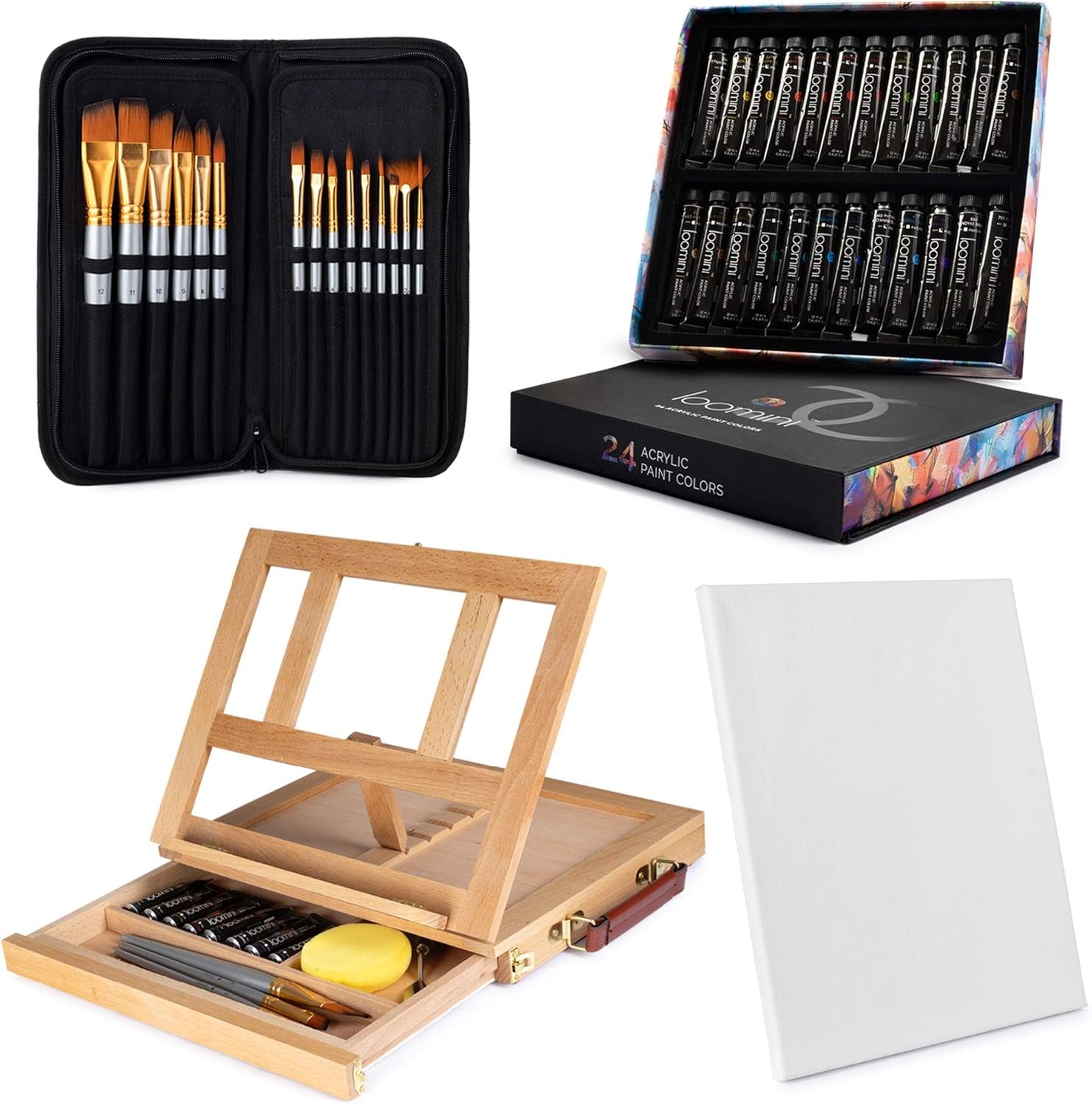 Acrylic Paint Set for Adults & Kids Includes Tabletop Easel Canvas and Brushes 24 Acrylic Paint Colors 15 Brushes 1 Easel 1 Canvas | Painting Kit for Adults