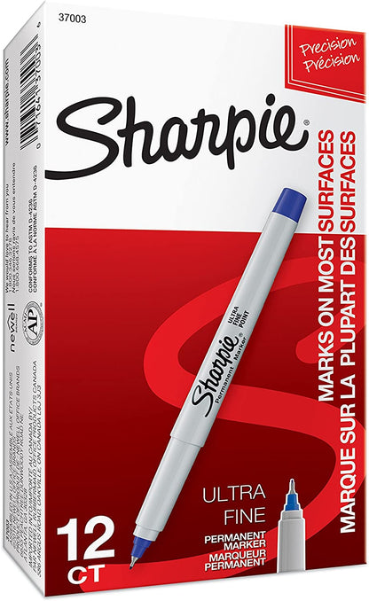 37003 Ultra-Fine Permanent Marker, Marks on Paper and Plastic, Resist Fading and Water, AP Certified, Blue Color, Pack of 12