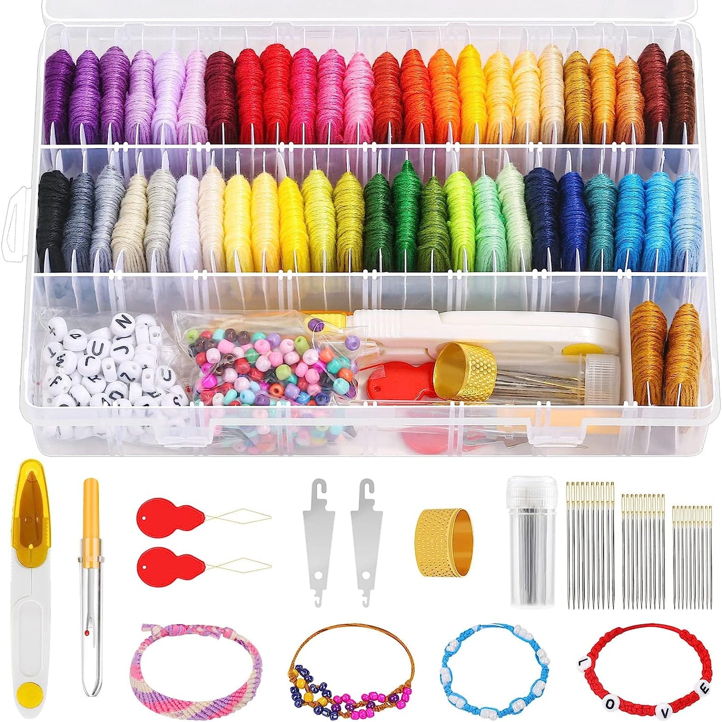 488Pcs String Bracelet Making Kit, Friendship Bracelet String Kit with 50 Skeins Embroidery Floss Cross Stitch Thread, 400Pcs Friendship Bracelet Beads, 37Pcs Embroidery Tools