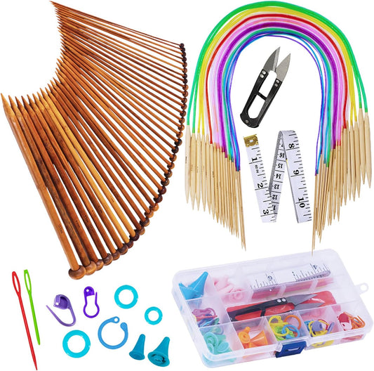 Bamboo Knitting Needles Set,  18 Pairs Circular(31.5”) Wooden Knitting Needles with Colored Plastic Tube, 36PCS Single Pointed Bamboo Knitting Needles(9.5”), Include Knitting Tools for Weaving