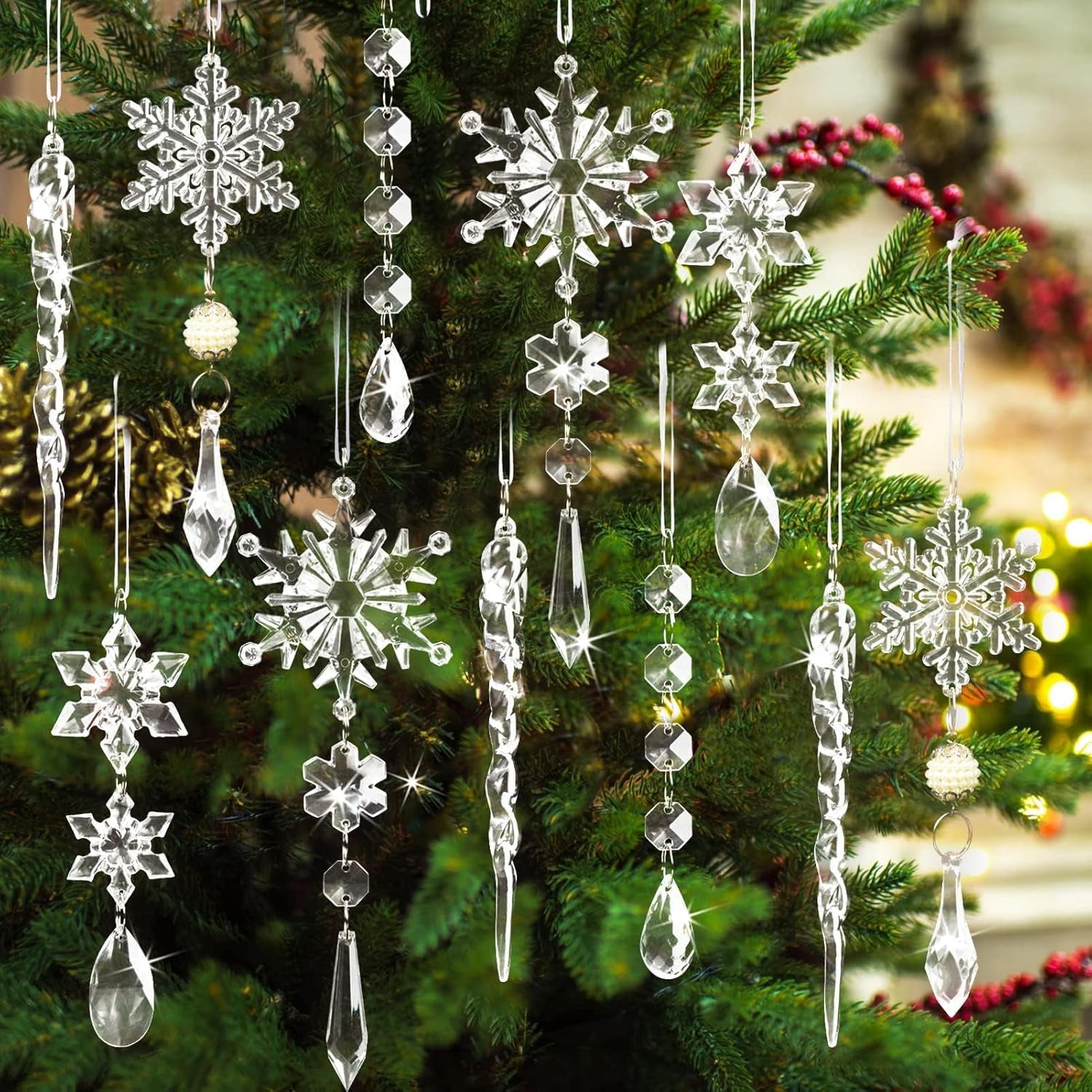 18Pcs Crystal Christmas Ornaments for Christmas Tree Decorations- Light Blue Hanging Acrylic Snowflake and Icicle Ornaments with Drop Pendants for Christmas Tree New Year Party Decorations Supplies