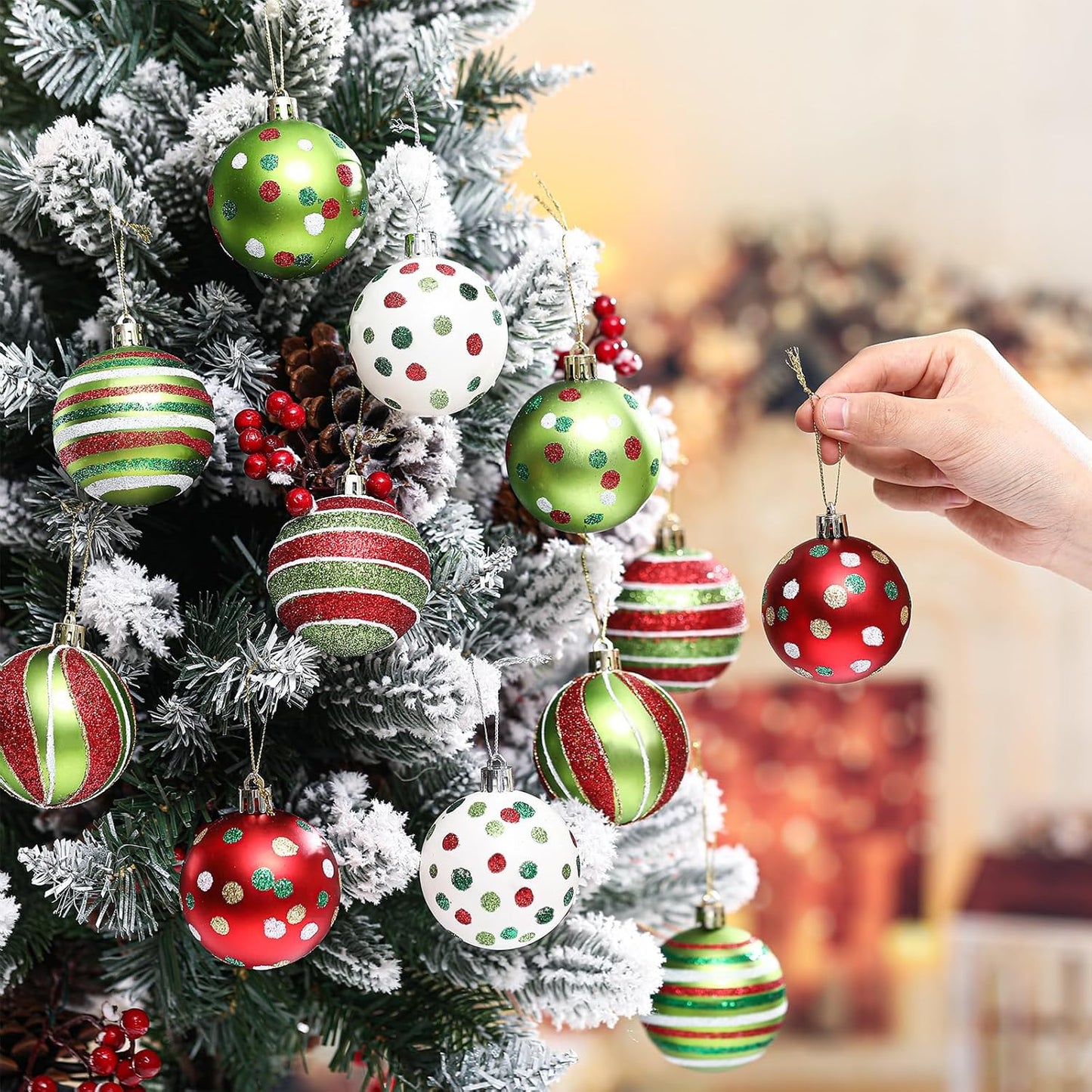 12 Pcs 2.4 Inch Christmas Ball Ornaments Glittering Plastic Hanging Decorations Elf Balls Swirl Candy Cane Peppermint Red and Green Christmas Tree Pendants for Xmas Tree Decoration