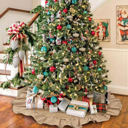 Christmas Fall Tree Skirt with Ruffle Border,48" Linen Rustic Tree Ornaments for Farmhouse Autumn Fall Christmas Decorations