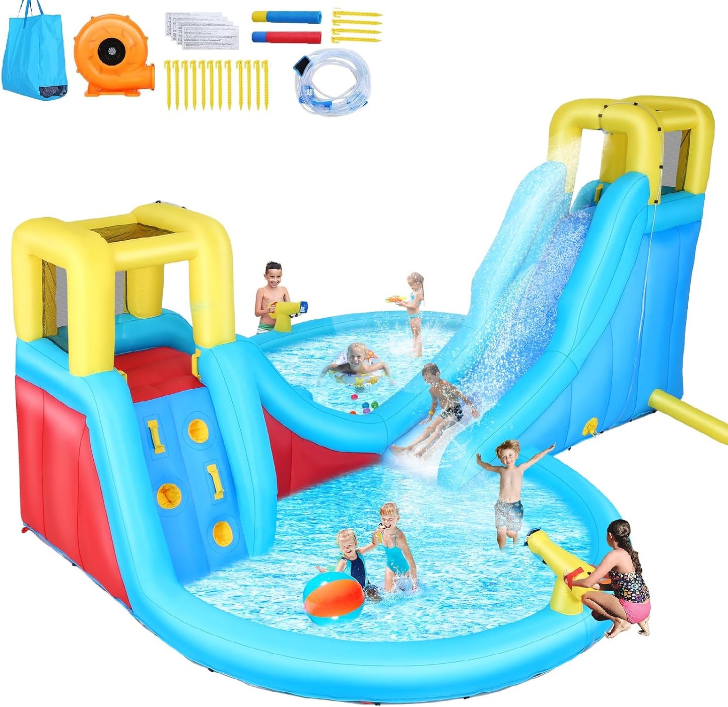 Inflatable Water Slide, 6 in 1 Outdoor Inflatable Water Park with Climbing, Basketball Rim, Splash Pool, Water Cannon, Blow up Water Slides for Kids Backyard