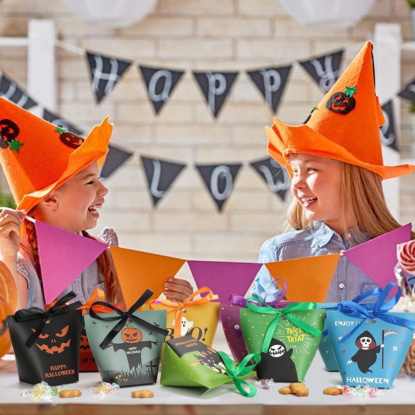 Halloween Candy Bags Treat Bags - 36PCS Halloween Decorations Halloween Party Supplies for Treat or Trick, Halloween Treat Bags for Kids, 9 Pattern Designs Halloween Party Favors with Ribbons