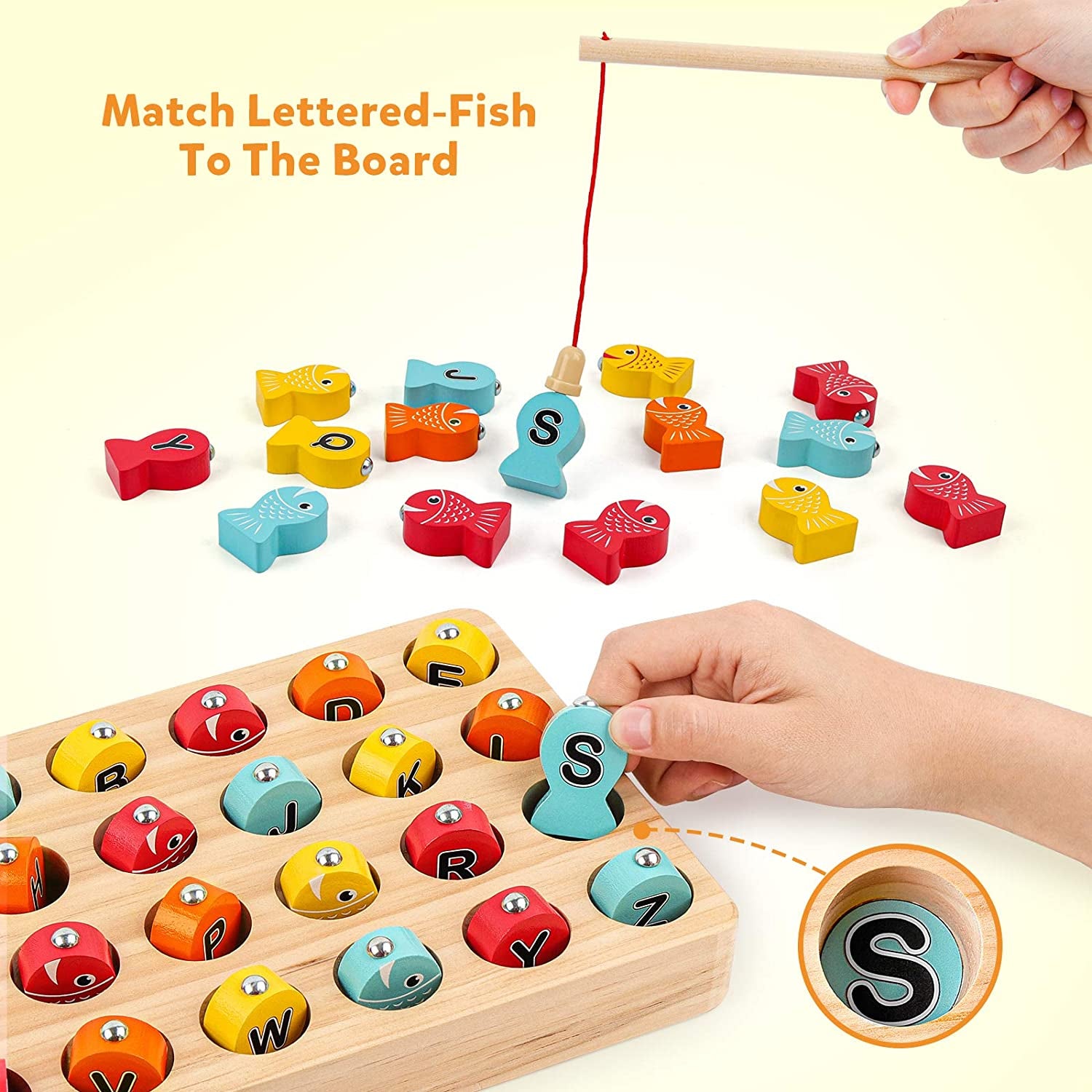 Wooden Magnetic Fishing Game, Fine Motor Skill Toy ABC Alphabet Color Sorting Puzzle, Montessori Letters Cognition Preschool Gift for Years Old Kid Early Learning with 2 Pole