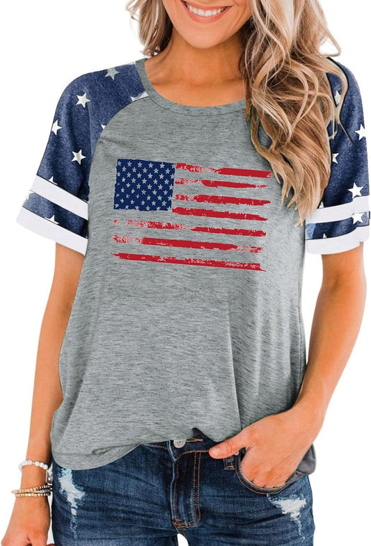 American Flag T Shirt Patriotic Shirts Women Veteran Shirt Raglan Short Sleeve Stars Stripes Top Tees