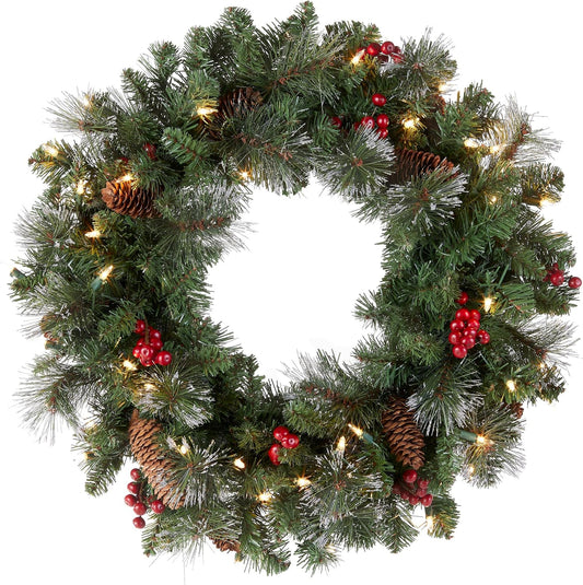 Pre-Lit Artificial Christmas Wreath, Green, Crestwood Spruce, White Lights, Decorated with Pine Cones, Berry Clusters, Christmas Collection, 24 Inches