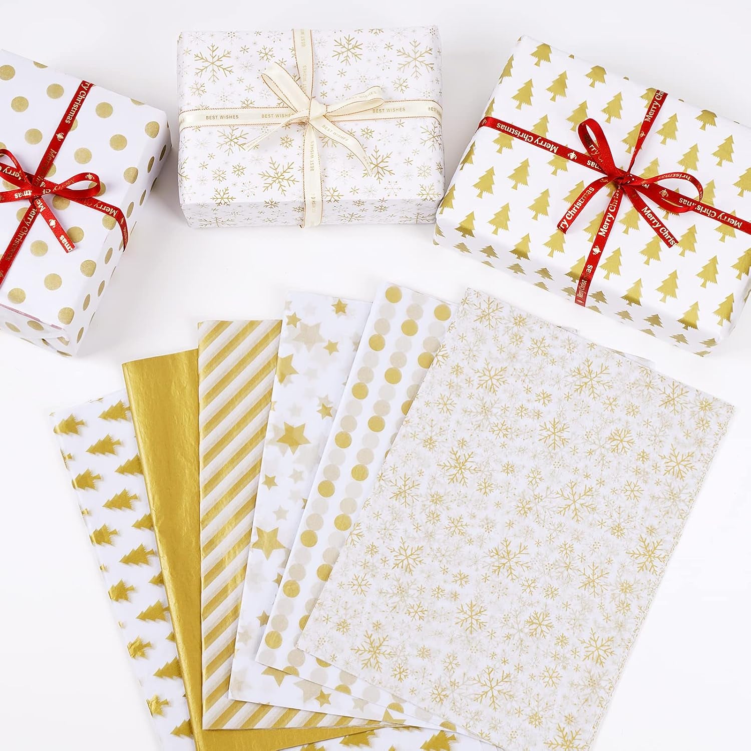 102 Sheets Tissue Paper Gift Wrap Bulk, 19.5" X 13.6" Christmas Tissue Paper for Wrapping, 6 Assorted Designs Golden Stars Snow Dots for Christmas Gift Bags, DIY and Craft (Blackgold)