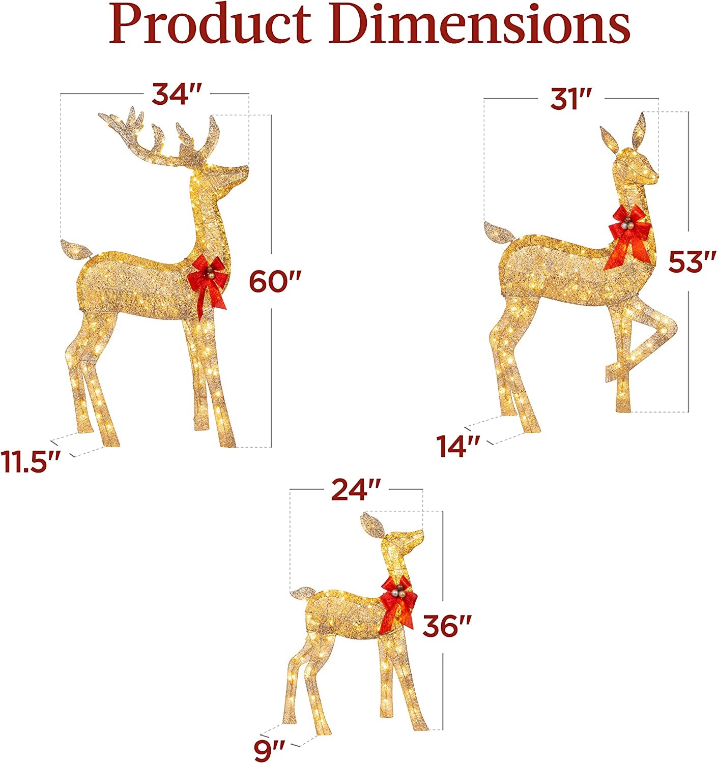 3-Piece Large Lighted Christmas Deer Family Set 5Ft Outdoor Yard Decoration with 360 LED Lights, Stakes, Zip Ties - Gold