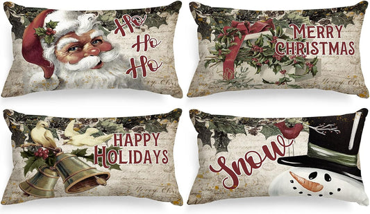 Vintage 12X20 Christmas Lumbar Throw Pillow Covers Set of 4, Retro Santa Claus Snowman Decorative Rectangle Long Pillow Case Xmas Cushion Cover 12 X 20 for Indoor Home Bedroom Sofa Couch