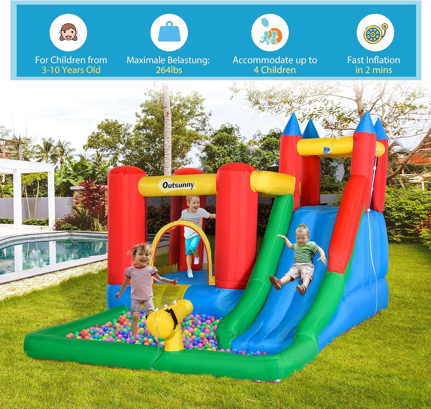 6-In-1 Kids Bounce House Inflatable Water Slide with Pool, Water Cannon, Climbing Wall, Inflator Included, Jumping Castle Kids Backyard Activity Outdoor Water Play Toy