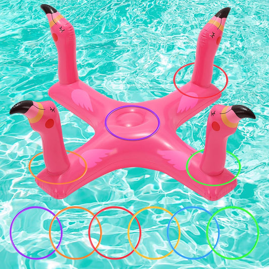 Inflatable Pool Ring Toss Games Toys, Floating Shark Flamingo Swimming Pool Ring with 6Pcs Rings, Swimming Pool Games for Kids Adults Summer Pool Party