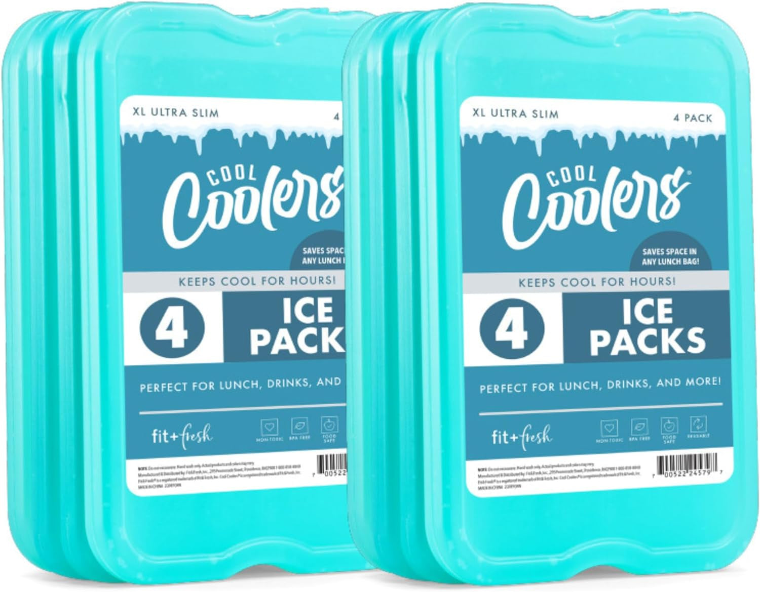 Cool Coolers by  4 Pack XL Slim Ice Packs, Quick Freeze Space Saving Reusable Ice Packs for Lunch Boxes or Coolers, Blue, 239ICE