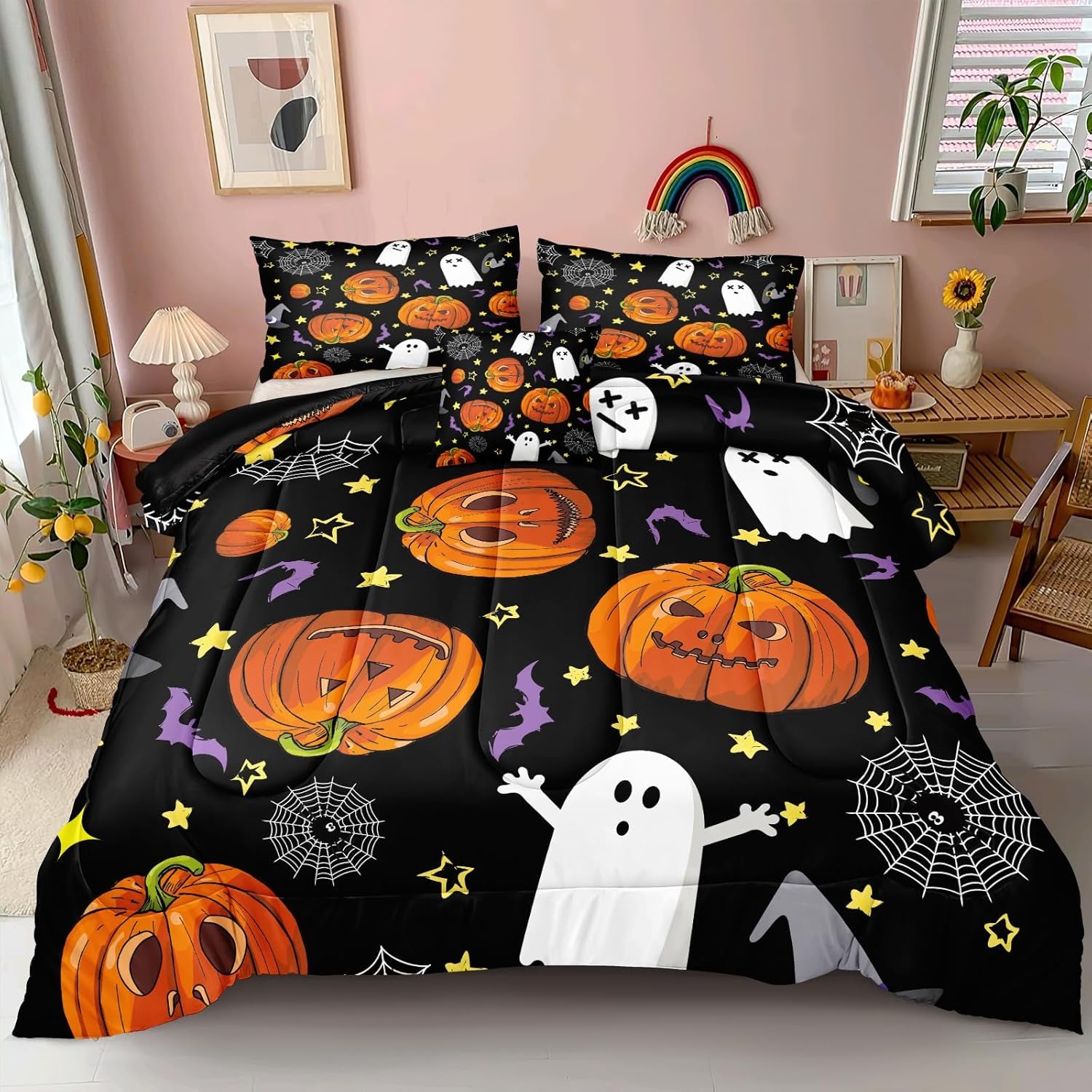 Pumpkin Comforter Set King Size Halloween Comforter Set Girls Boys Kids Cute Orange Pumpkin and White Ghost Printed Design Halloween Bedding Set 4 Pieces Candy and Pumpkin Bedding Sets