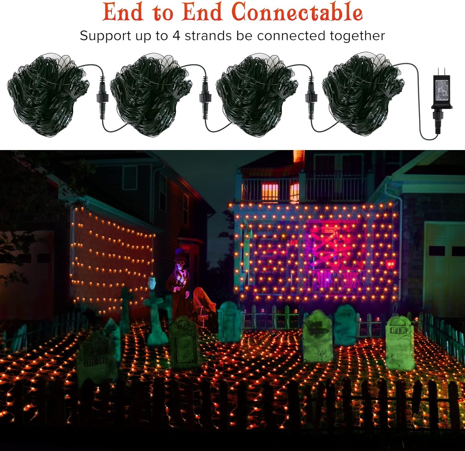 Halloween Net Lights, 200 LED 8.2Ft X 4.9Ft Orange Halloween Bush Lights with 8 Modes, Timer, Connectable, Waterproof and Green Wire Design for Trees, Bushes, Halloween Decorations Outdoor