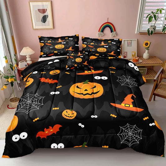 Halloween Bedding Sets Twin Size Halloween Comforter Set for Room Decor 3 Pieces Cute Pumpkin Lantern Design and Red Witch Hat Printed Black Halloween Decorations