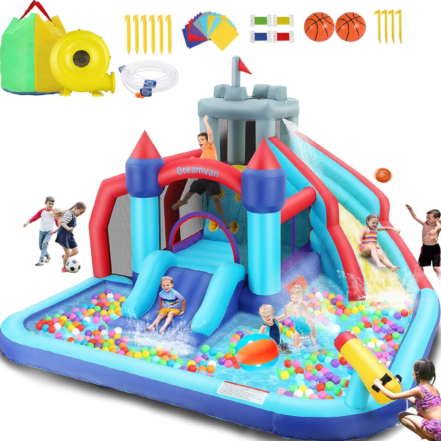 Inflatable Water Slide, 6 in 1 Outdoor Inflatable Water Park with Climbing, Basketball Rim, Splash Pool, Water Cannon, Blow up Water Slides for Kids Backyard